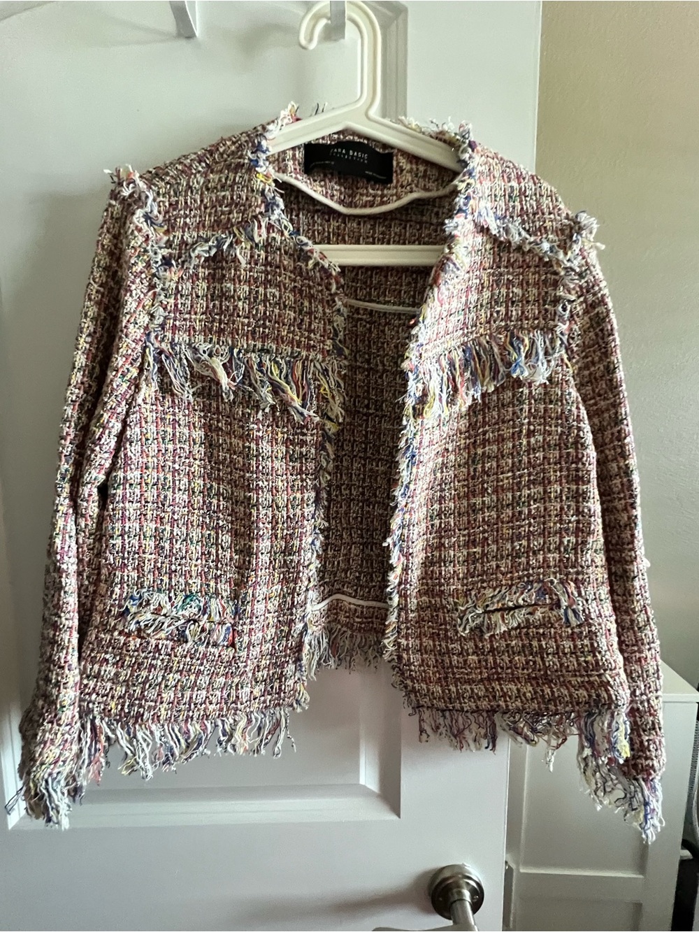Zara Multicolor Pink Tweed Fringe Blazer